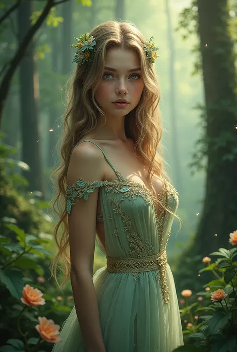 A girl with a fantasy forest background in Beautiful dress, realistic image. 