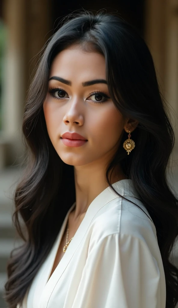 photography, beautiful woman from Indonesia, white skin, straight black hair wavy underneath, flawless makeup, wearing a white Balinese kebaya, a grain of rice on her forehead, temple background, blurred background, realistic , 8K, Focus