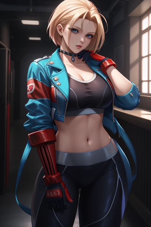 ((best quality)), absurdres, ((ultra high res)), cammy white, a woman with a blue jacket and red gloves, extremely detailed, 8k,...