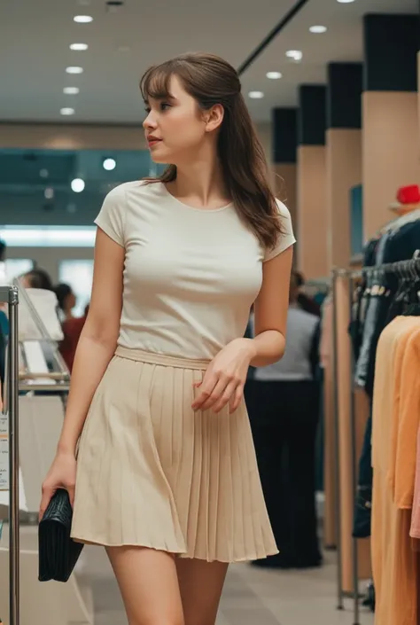 a woman wearing t-shirt and pleated skirt on dept store