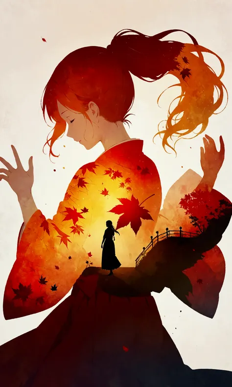 silhouette art,autumn leaves pattern on woman silhouette isolated on white background,(female silhouette: kimono: hakama: long p...