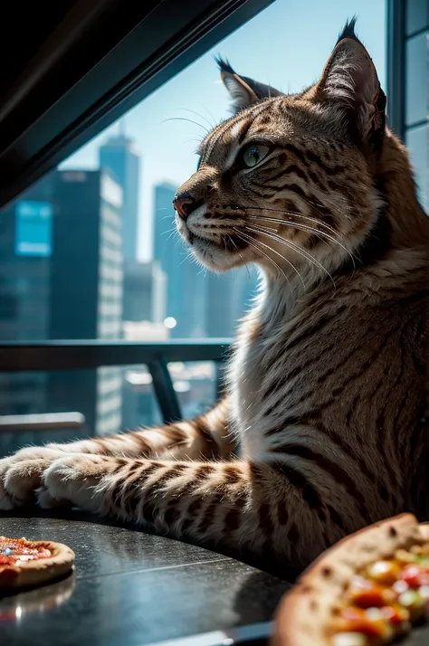 a close-up portrait of a bobcat, futuristic sci-fi environment, the lynx is eating a pizza and drinking coca-cola, cinematic composition, vibrant colors, hyper-detailed, photorealistic, 8k, masterpiece, detailed fur, intense eyes, sharp teeth, detailed fac...