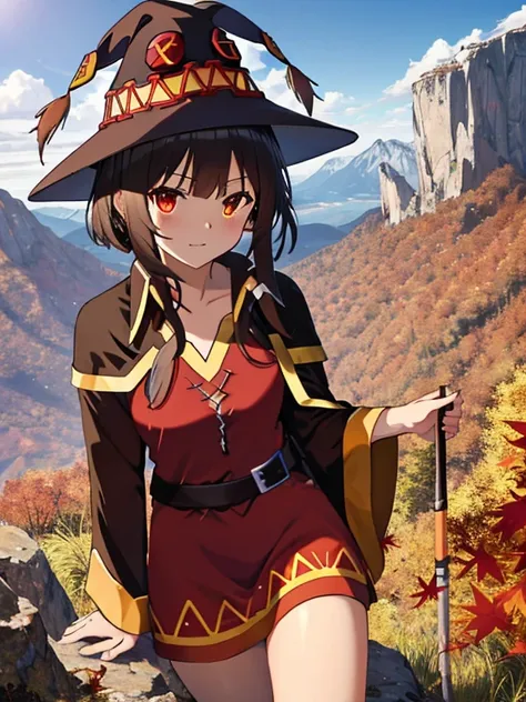 autumn leaves, Mountaineering, masterpiece, (Megumin), UHD, retina, masterpiece, accurate, anatomically correct, textured skin, super detail, high details, high quality, best quality, highres, 8k