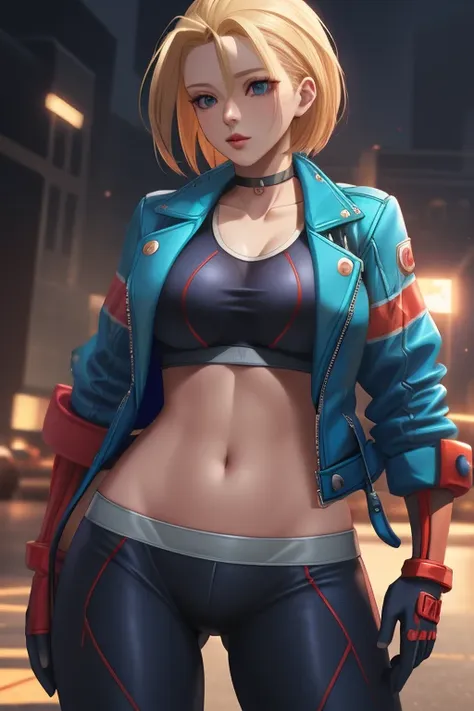 ((best quality)), absurdres, ((ultra high res)), cammy white, a woman with a blue jacket and red gloves, extremely detailed, 8k,...