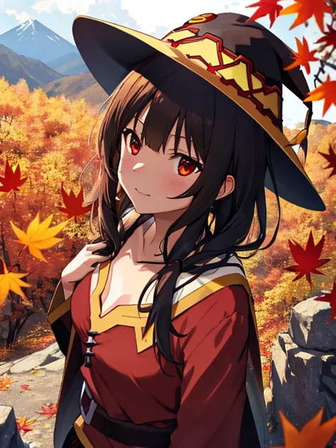 autumn leaves, Mountaineering, masterpiece, (Megumin), UHD, retina, masterpiece, accurate, anatomically correct, textured skin, super detail, high details, high quality, best quality, highres, 8k