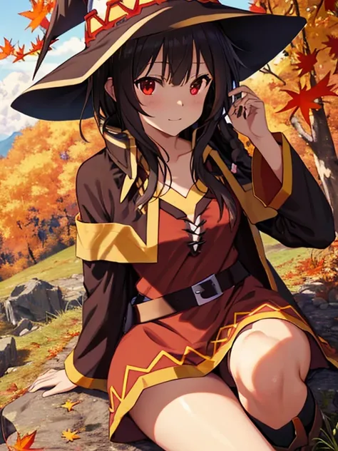 autumn leaves, Mountaineering, masterpiece, (Megumin), UHD, retina, masterpiece, accurate, anatomically correct, textured skin, super detail, high details, high quality, best quality, highres, 8k