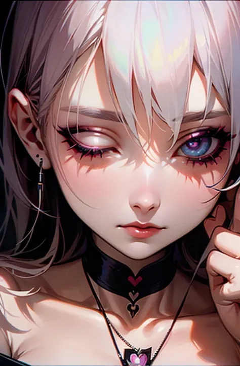 Cool woman、sexy、Center of chest、Rize from Chainsaw Man、Beauty、Yandere、、Face close-up、Kiss with your eyes closed、Chest tattoo、Christian Dior Necklace、(Putting on makeup)