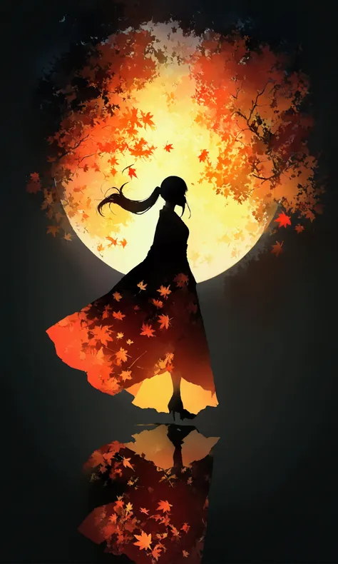 silhouette art,autumn leaves pattern on woman silhouette isolated on white background,(female silhouette: kimono: hakama: long p...