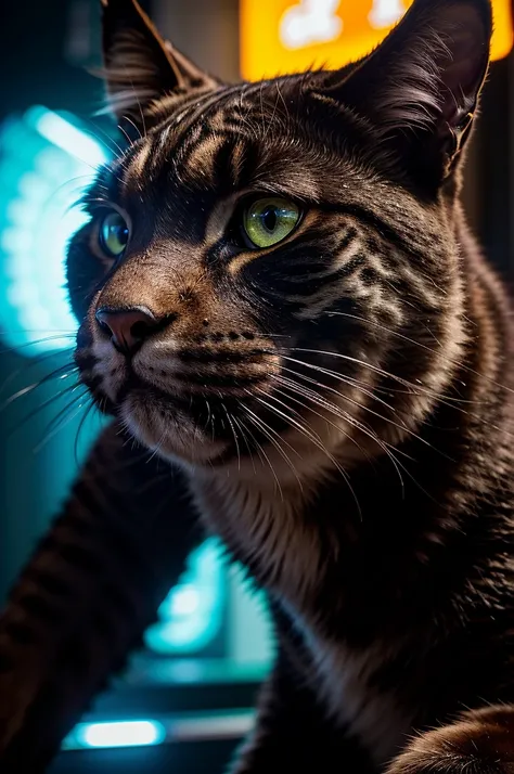 a close-up portrait of a big black cat, futuristic sci-fi environment, the lynx is eating a pizza and drinking coca-cola, cinematic composition, vibrant colors, hyper-detailed, photorealistic, 8k, masterpiece, detailed fur, intense eyes, sharp teeth, detai...