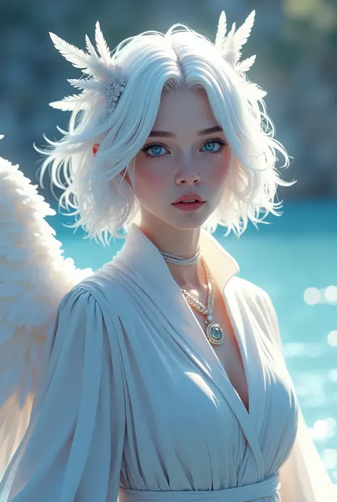 young 20 year old, cute aasimar girl with short white hair that is adorned with feathers. hyper-detailed, intricate elements, digital art, beautiful blue eyes. sexy white and blue celestial robes. full body