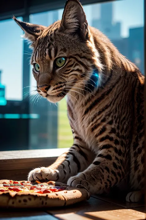 a close-up portrait of a bobcat, futuristic sci-fi environment, the lynx is eating a pizza and drinking coca-cola, cinematic composition, vibrant colors, hyper-detailed, photorealistic, 8k, masterpiece, detailed fur, intense eyes, sharp teeth, detailed fac...