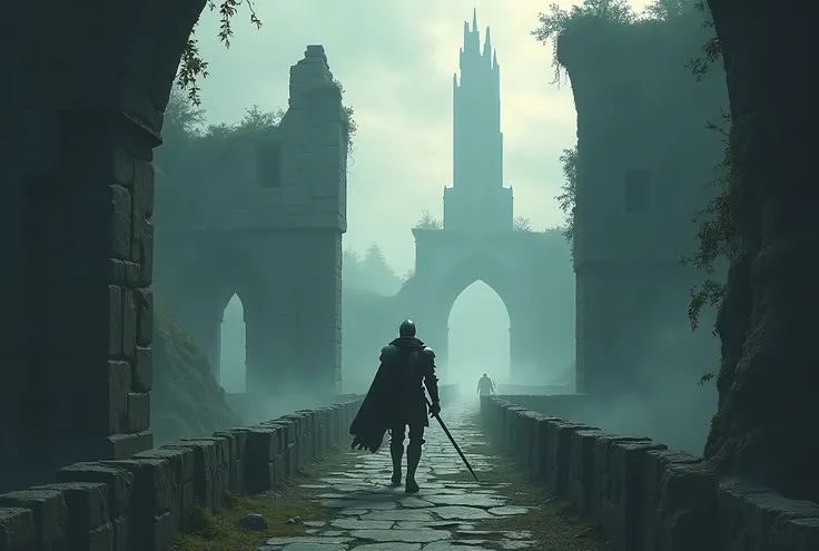 ancient ruins、A knight crossing a bridge with a sword and shield、Dark fantasy、Right beside、Surreal、simple、There is a leaning tower in the background