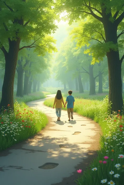 Scenary with spring flowers and trees
Vacant concrete road,trees all around it
Two people walking down the lane with hand holded
Footprints behind them,7 of each