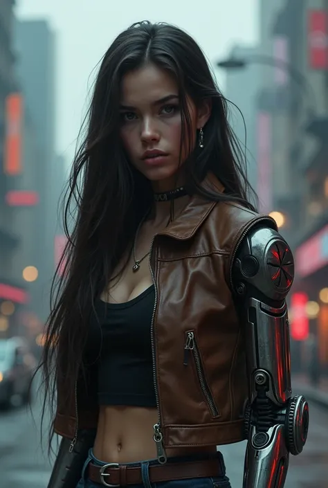 beautiful girl, Small Breasts, Wearing a rugged jacket, Long hair, Robotic Arm, Cyberpunk city that never sleeps background