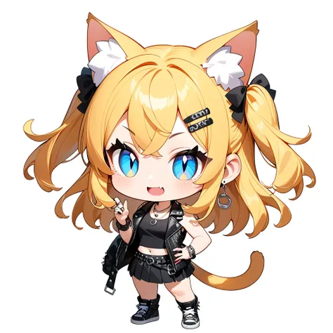  1girl, solo、((chibi-cute, anime style, anime character, deformation, masterpiece:1.2))、Teenage Girl、(slit pupils), (blue eyes), (Beautiful detailed eyes: 1.6)、、Open your mouth、skin fang、then,Golden Hair，Long Hair、two side up、Crossed bangs, between hair、Ca...