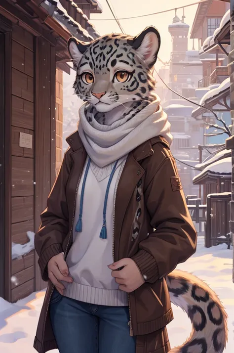 (highly detailed illustration: 1.2), best quality, masterpiece, alone, natural light, brown eyed young snow leopard anthropomorp...