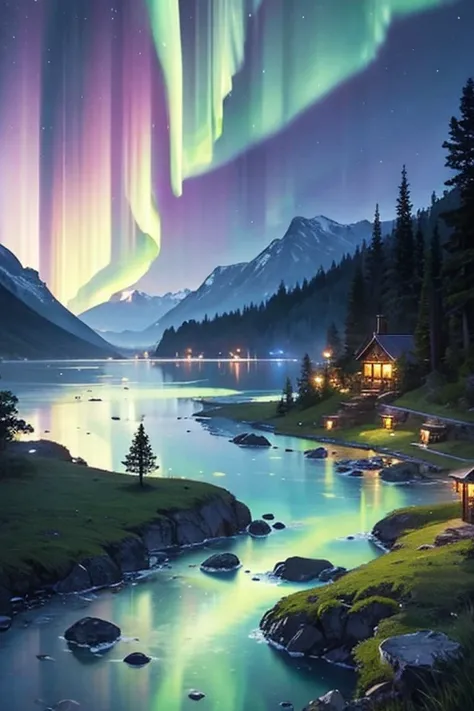 Best Quality、Landscape painting、Beautiful Aurora、Fantasy