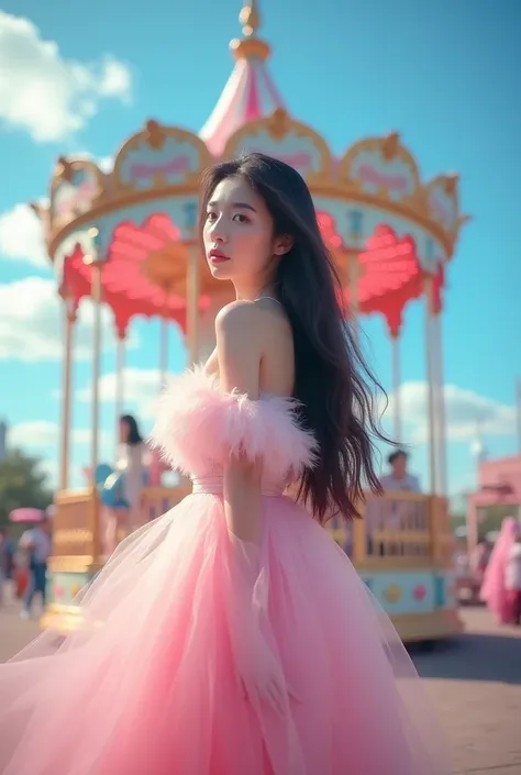 A woman stands gracefully in front of a vibrant, ornate carousel, its pink lights reflected in her gaze.

She wears a pink dress flowing pink skirt adorned with delicate white feathers.

Her long, luscious dark long hair cascades down her back, framing her...