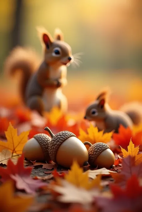 Acorns lie on top of layers of red and yellow fallen leaves.、A mother and her child squirrel in the background、Bokeh