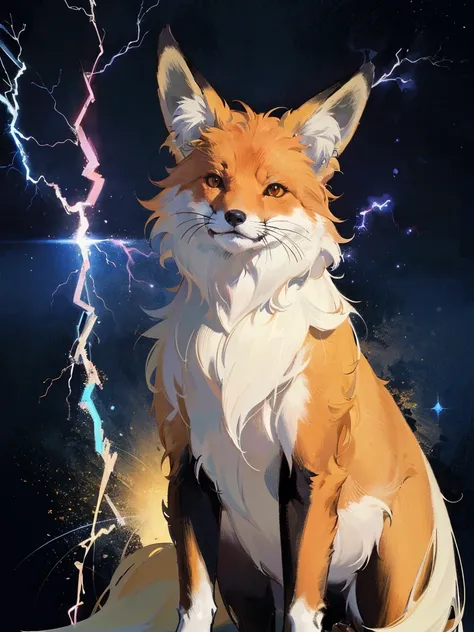 An ((anime-style fox)) is depicted against a starry background. The visual is ((cute and anime-like)), with realistic details. The fur is extremely beautiful, expressed in detailed digital art with a prominent ((glossy texture)). This piece is ideal for a ...