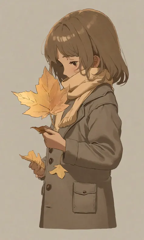 (autumn colored soft layer),(solo),1girl\(long brown hair, cute, autumnal attire, scarf, coat, boots, pinching leaves\(which are...