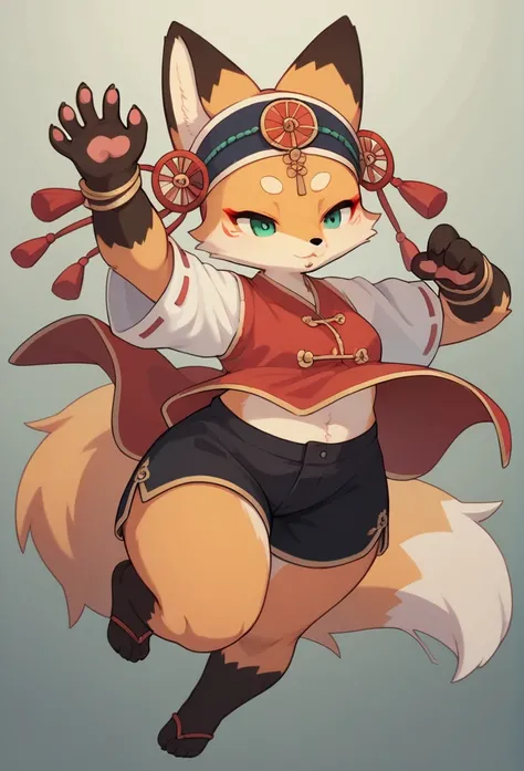 top quality, ancient Chinese beauty, absurdres, perfect anatomy, kemono, solo focus, furry anthro, fox facial features, fox body features, very detailed body fur, full body, wearing black shorts, thick thighs, dancing pose , ( soft focus , Shallow focus , ...