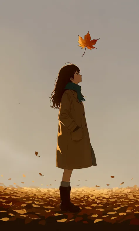 (autumn colored soft layer),(solo),1girl\(long brown hair, cute, autumnal attire, scarf, coat, boots, pinching leaves\(which are...