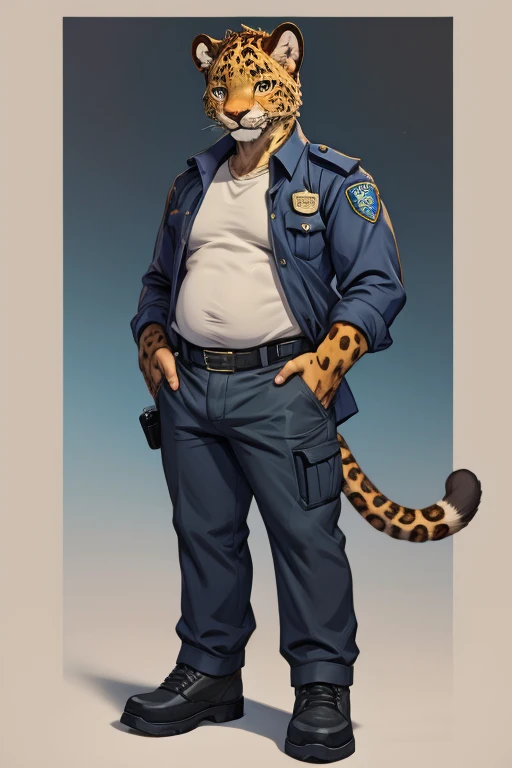 Young furry leopard, 16 yo, little plump, police uniform, full length portrait 