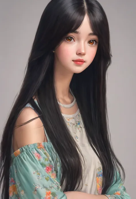 a cute teenage girl, about 160cm tall, brown eyes, bright and cute colors clothes, long straight black hair, masterpiece, best quality, ultra quality, high quality, highres, ultla highres, absurdres, 4K, 8K, 16k, hyper detailed, intricate detailed, amazing...