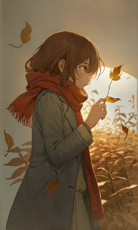 (autumn colored soft layer),(solo),1girl\(long brown hair, cute, autumnal attire, scarf, coat, boots, pinching leaves\(which are...