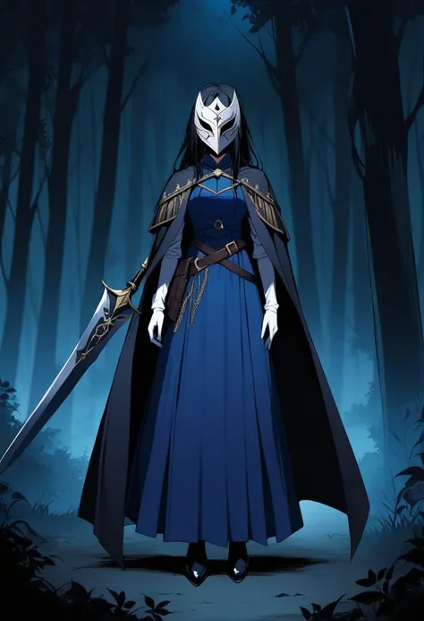 (1girl, solo), assassin, mask covered full face, mask, black hair, long hair, blue navy dress, long skirt, white gloves, black cape, long cape, black heels boots, standing, night, forest, holding dagger 