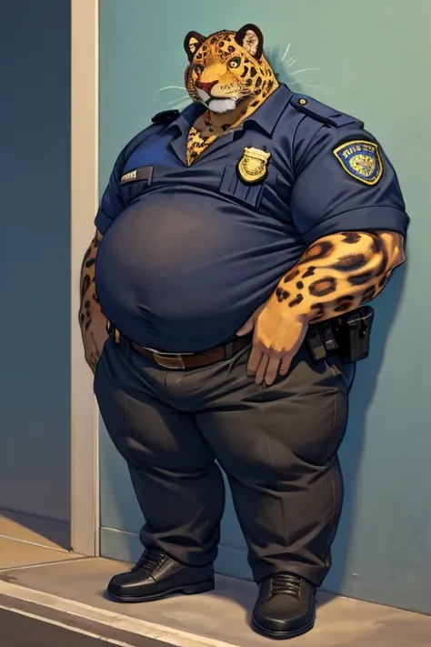 Fat furry leopard, 40 yo, huge fat belly, tight clothes, police uniform, full length portrait 