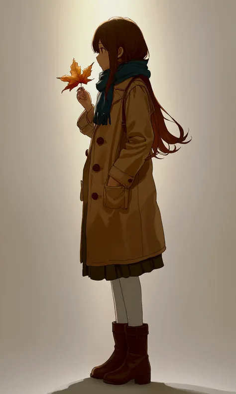 (autumn colored soft layer),(solo),1girl\(long brown hair, cute, autumnal attire, scarf, coat, boots, pinching leaves\(which are...