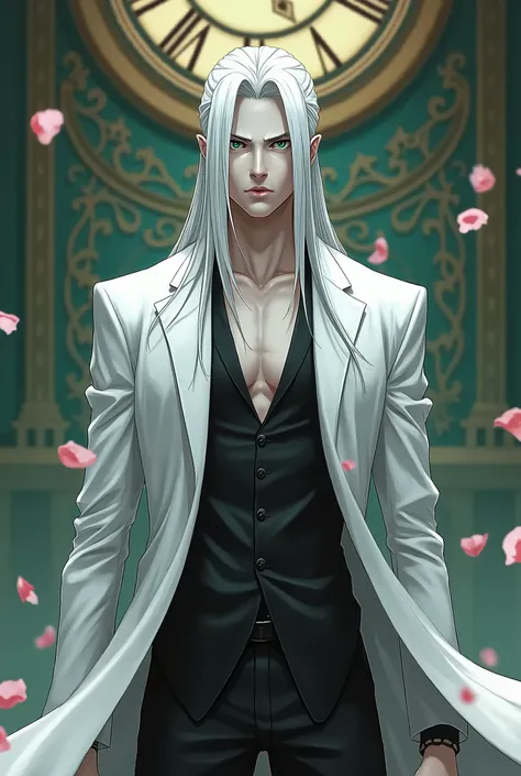 absurdres, highres, ultra detailed, HDR, masterpiece, extremely detailed face and eyes, perfect face, Ulquiorra Cifer, Long Tied-Back White hair, hair between the eyes, expressive green eyes, pale skin, Bleach, solo, Masculine man, Perfect abs body, handso...