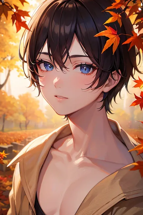 a boy in autumn leaves color lingerie, beautiful detailed eyes, beautiful detailed face, ultra-detailed, (best quality,4k,8k,highres,masterpiece:1.2)