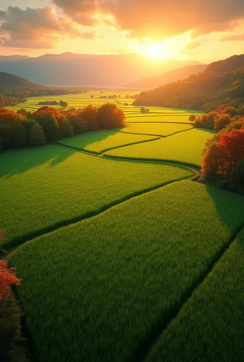 Aerial photography、Original Japanese Landscape、The vast countryside stretches out endlessly、Abundantly ripe rice、Autumn sky、Sunset、autumn leaves