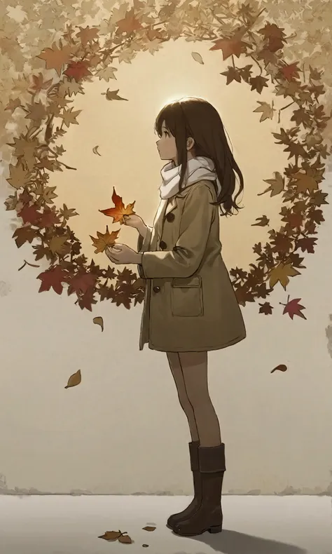 (autumn colored soft layer),(solo),1girl\(long brown hair, cute, autumnal attire, scarf, coat, boots, pinching leaves\(which are...