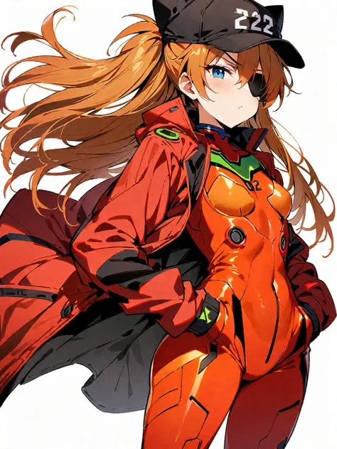 ((masterpiece,Best Quality, detailed)), Soryu Asuka Langley, Red jacket, Underwear bodysuit, Cat hat, Red bodysuit, Eye patch, Put your hands in your pockets, (tape)、White background、