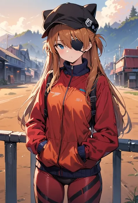 (masterpiece, Best Quality, detailed), One girl, Alone, Outdoor, blue sky, Cowboy Shot,
Soryu Asuka Langley, Red jacket, Underwear bodysuit, Cat hat, Eye patch, Put your hands in your pockets, (tape)  