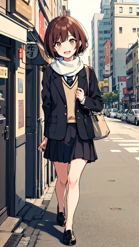 One Girl, Alone, Osaka Kanna, short hair, jacket, Open your mouth, Manicure, jewelry, smile, short hair, Watching the audience, scarf, blazer, Regular necktie, Brown Hair, bangs, Brown eyes, Black checked mini skirt, shirt, black shirt, swept bangs, :d, Up...