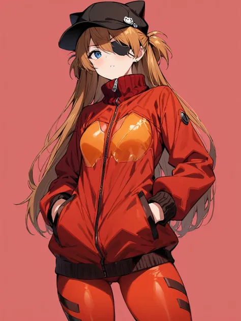 (masterpiece, Best Quality, detailed), One girl, Simple Background、Cowboy Shot,
Soryu Asuka Langley, Red jacket, Underwear bodysuit, Plug suit inside the jacket、Cat hat, Eye patch, Put your hands in your pockets, (tape)  