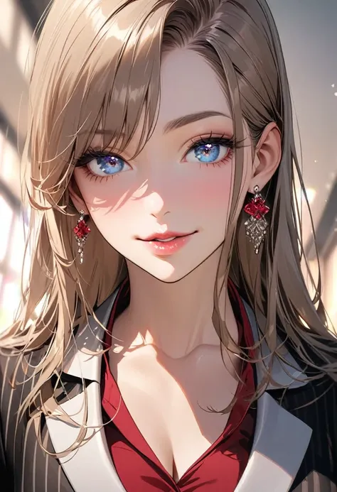 Beautiful fine details, Beautifully detailed lips, Highly detailed eyes and face, Long eyelashes, Straight hair,, Muscular, Laugh a little, , Single women　stylish　Luxury brand suits　Earrings　Beauty　whole body　Older sister　One Girl, Alone, Chest, Beauty アクセ...