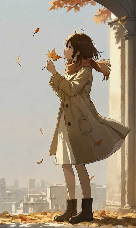 (autumn colored soft layer),(solo),1girl\(long brown hair, cute, autumnal attire, scarf, coat, boots, pinching leaves\(which are...