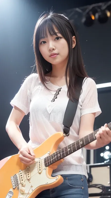 (Beautiful Japanese woman playing Fender Stratocaster on stage at outdoor event), Live outdoors, (Top quality, 8k, RAW photo), (Real: 1.2), (Japanese 25 year old beauty: 1.2, Idol&#39;s face: 1.3), Head to knee portrait, (Back view: 1.3 ), (Rear View:1.3),...