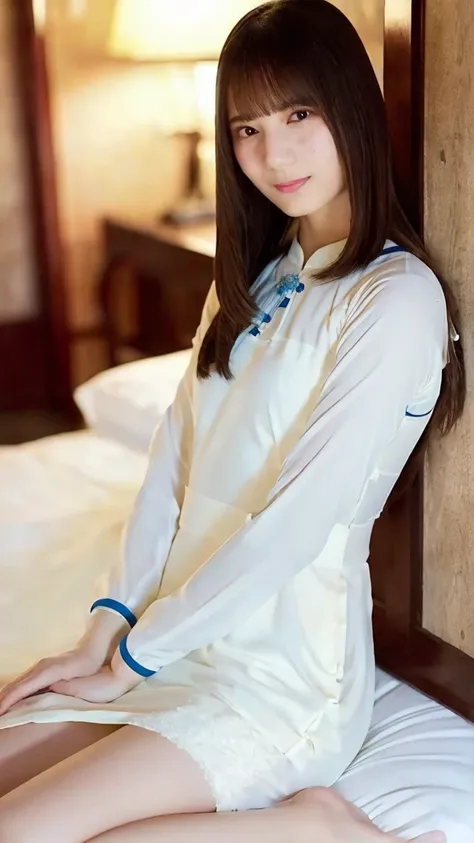 one girl,(ao dai with transparent skin:1.4),(body-hugging tight clothing:1.3),(raw photos, best quality),hotel bedroom,(moonligh...