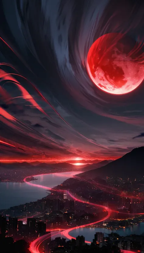 Dark night over the city, Red Moon, Red Moon with energy flow, energy tide, bad feeling, landscape, don&#39;t want humans, There is energy flowing, Highly realistic, 4K, chiaroscuro, Super high details waiting to begin