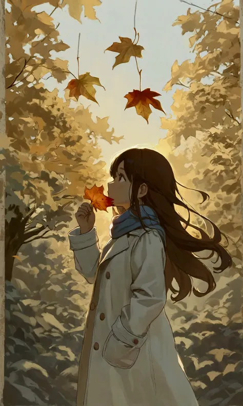 (autumn colored soft layer),(solo),1girl\(long brown hair, cute, autumnal attire, scarf, coat, boots, pinching leaves\(which are...