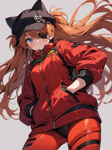 (masterpiece, Best Quality, detailed), One girl, Simple Background、Cowboy Shot,
Soryu Asuka Langley, Red jacket, Underwear bodysuit,Cat hat, Eye patch, Put your hands in your pockets, (tape)  