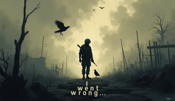 Please create a realistic war dystopian cartoonish poster-like illustration with the following text written on the poster: "I went wrong" of a soldier who left his mind and heart and did wrong. Create a silhouette like theater.