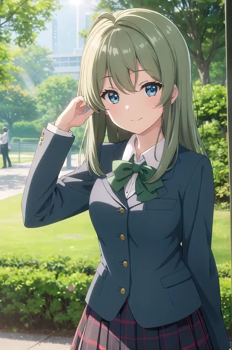 (masterpiece:1.2), (best quality:1.2), (highres:1.2), (perfect anatomy:1.2), (beautiful eyes:1.4), (detailed face and eyes:1.4), 
(1girl:1.2), upper body
BREAK
(kotori-llas:1.3), (green bow:1.1), huge breasts, smile
BREAK
(otonokizaka school uniform, winte...